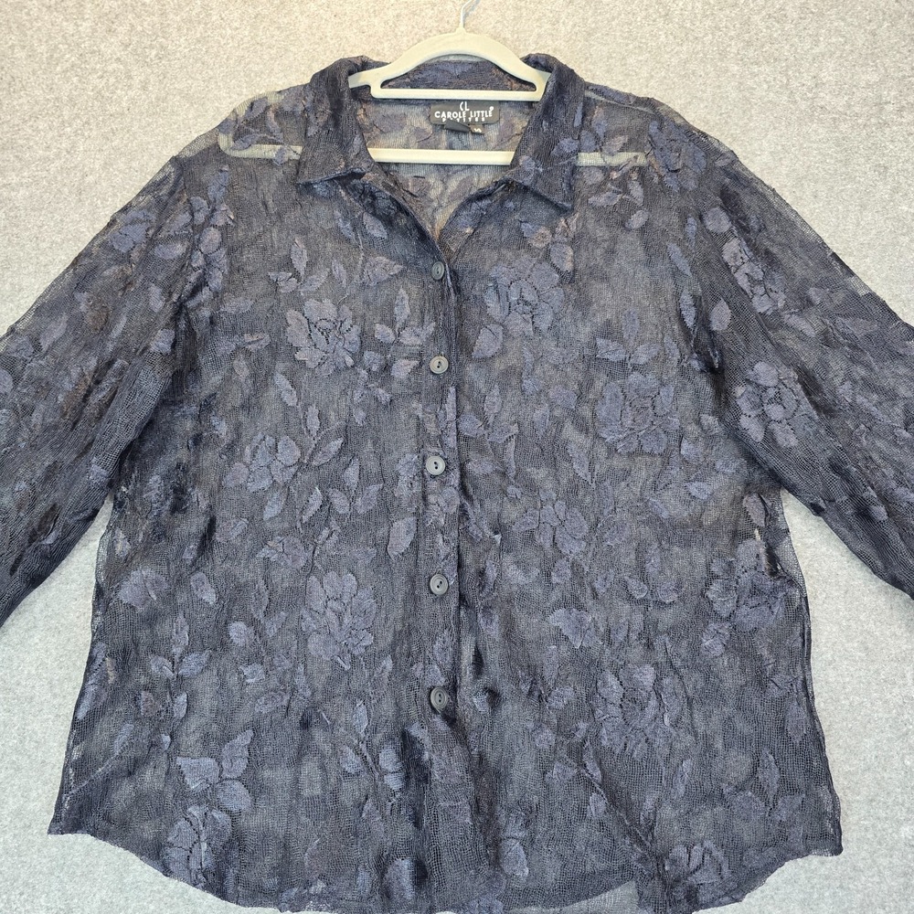 Carole Little Shirt Womens 14 Petites Black All Over Tonal Floral Lace Button Up